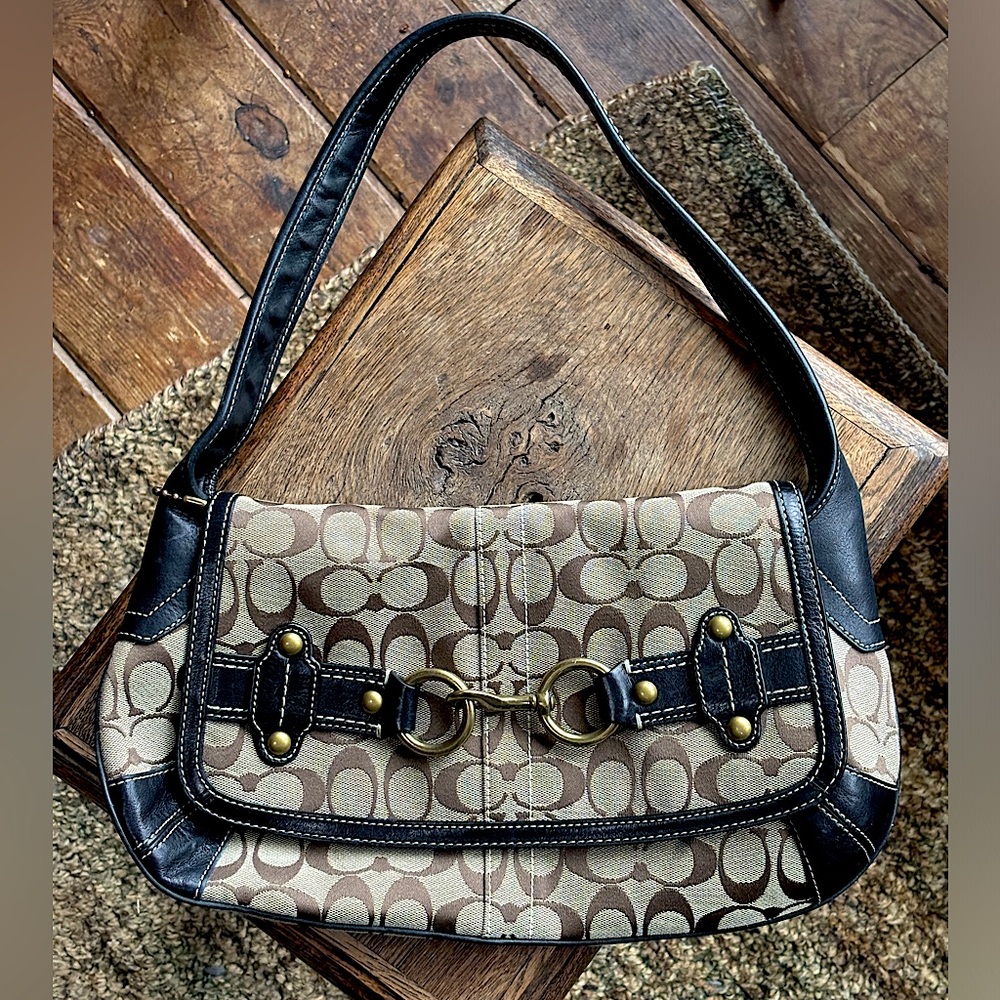 Coach Beige Canvas Shoulder Bag w Leather detail